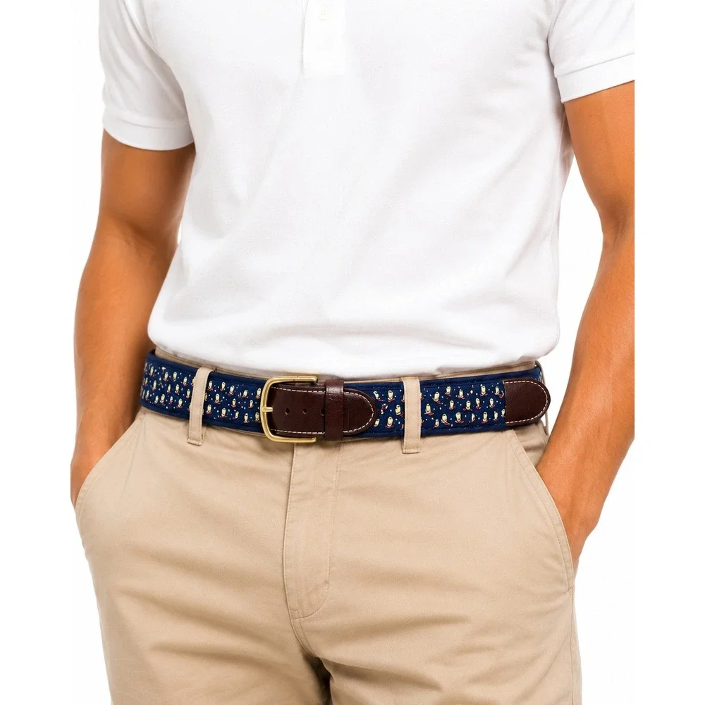 Vineyard‎ Vines Belt Mens 32 Navy Cocktail Sled Silk Canvas Club Leather Trim